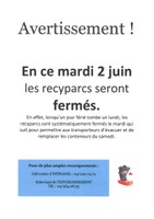 Fermeture des recyparcs - mardi 2 juin 2020