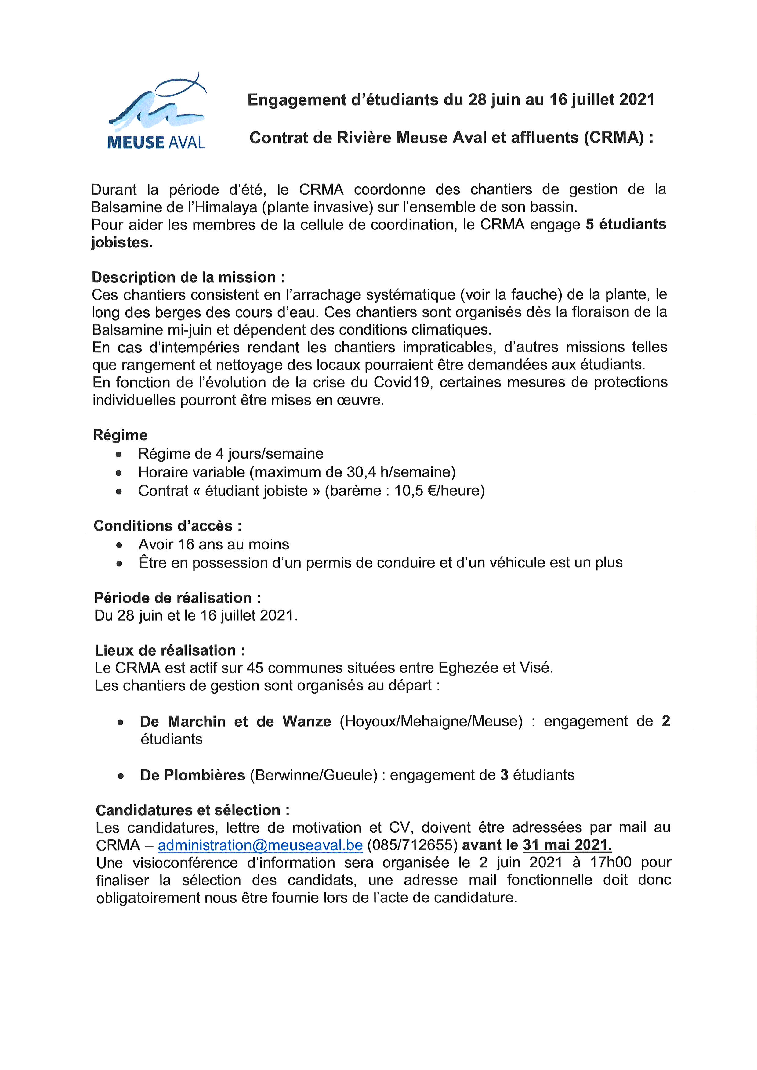 Le Contrat de Rivière Meuse Aval et affluents recrute des étudiants (28 juin - 16 juillet 2021) 